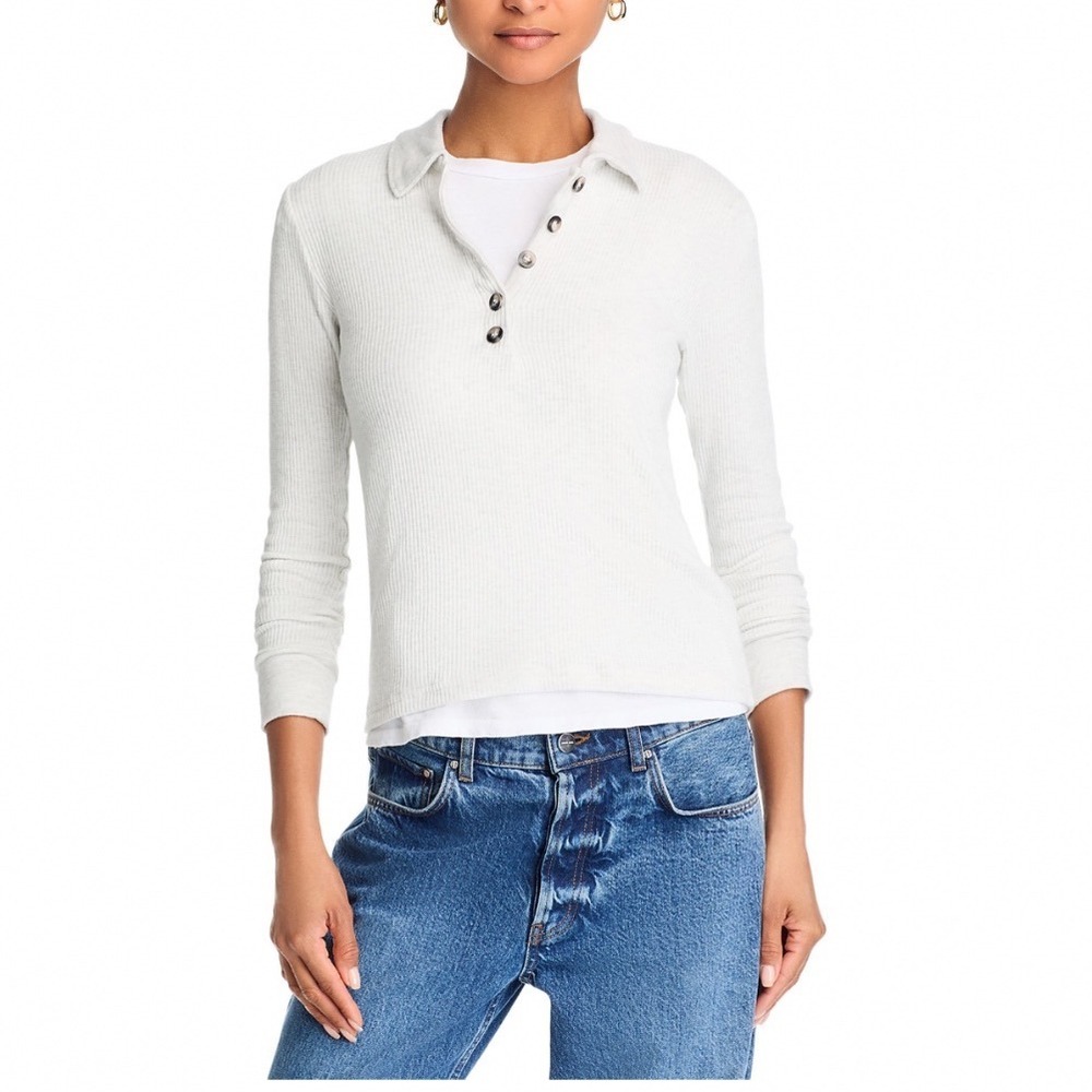 perfectwhitetee Megan Polo Button Tee Ash Gray Rib Knit Long Sleeve Large NWT